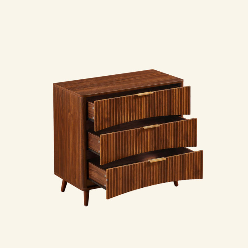 Commode à 3 tiroirs cannelée, commode haute de style Mid-Century avec design rainuré vertical, armoire de rangement en bois massif avec poignées en métal pour le salon de la chambre à coucher
