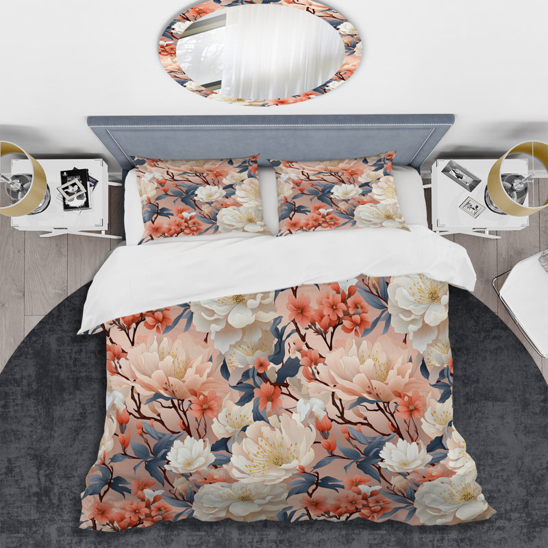 Ensemble de housse de couette à motif botanique de jardin japonais, Housse de couette simple + 1 taie décorative stan
