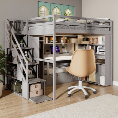 Space-Saving Full Loft Bed with Built-In Wardrobe, Study Desk & Shelves - All-in-One Kids Furniture with LED Lighting