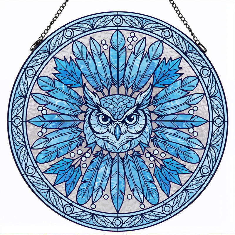 Vitrail Hibou bleu ， 12 po, 12"H