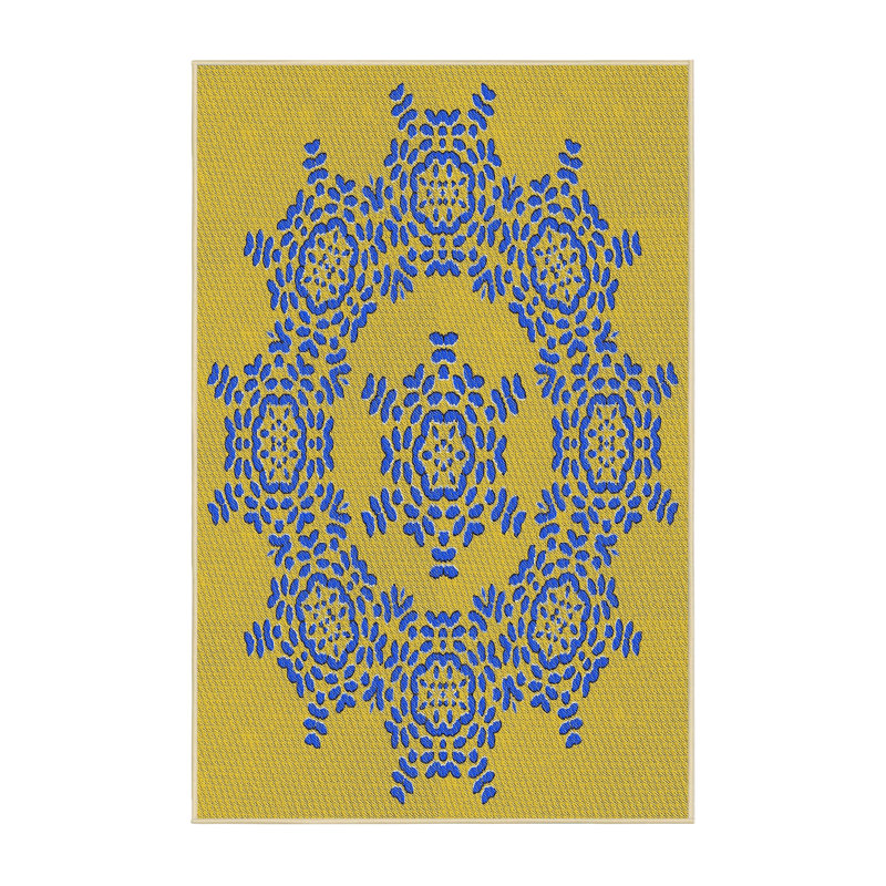 Tapis bleu/jaune à motifs, Rectangle 4 pi x 6 pi