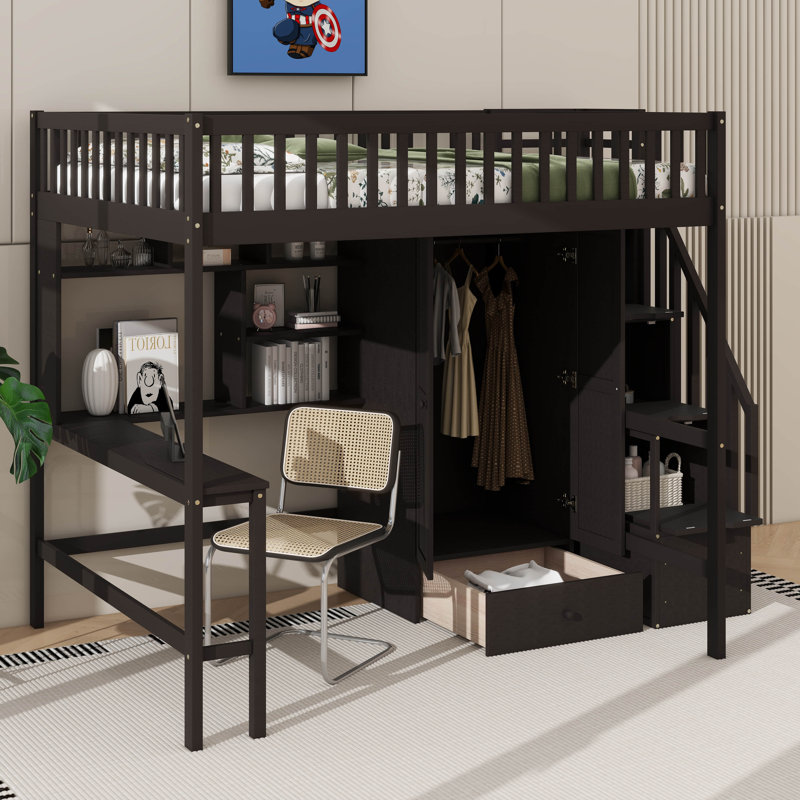 Lit mezzanine double avec bureau et bibliothèque, cadre de lit mezzanine en bois intégré avec garde-robe et tiroirs, Espresso