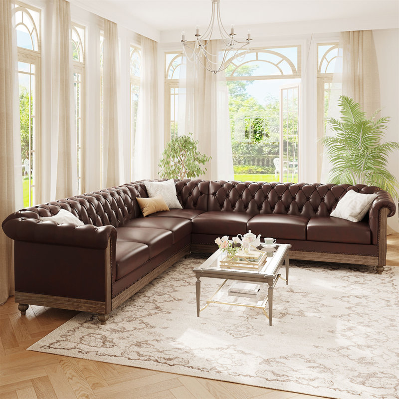 Grand canapé modulaire confortable avec pieds en bois Mirod, Simili cuir brun foncé