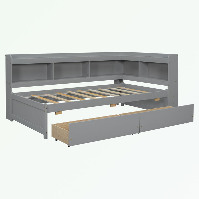 Lit pour bibliothèques avec prises de courant, ports de chargement USB et deux tiroirs, Lit simple, Gris