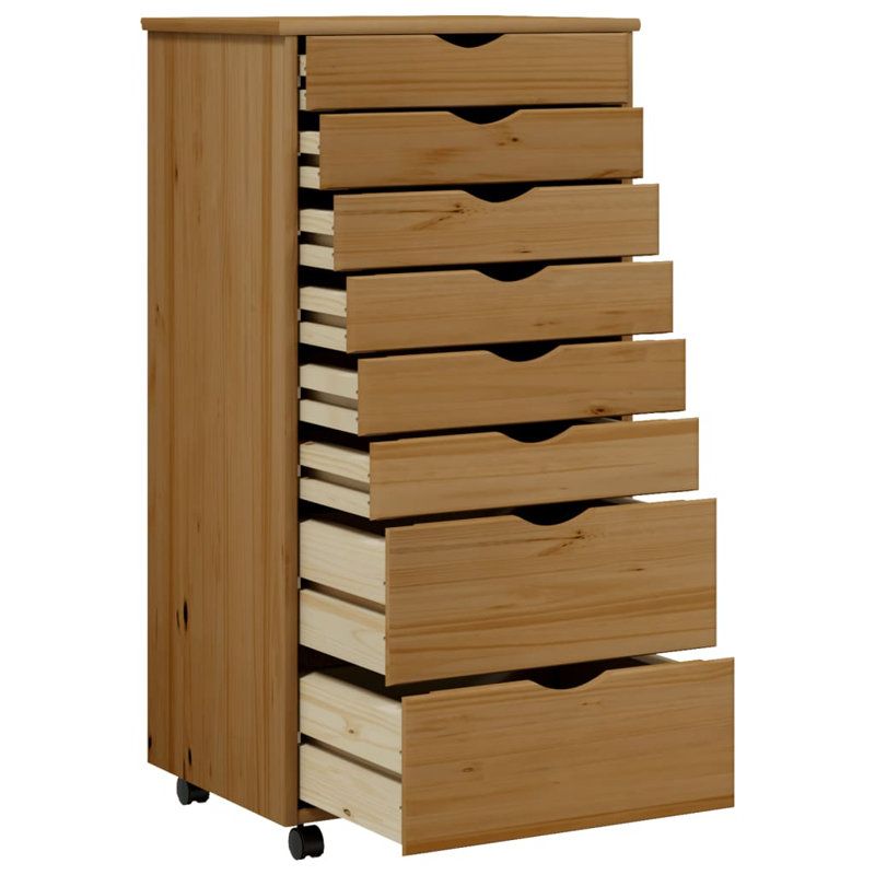 vidaXL MOSS 8-Drawer Chest with Wheels, Solid Pinewood, Honey Brown