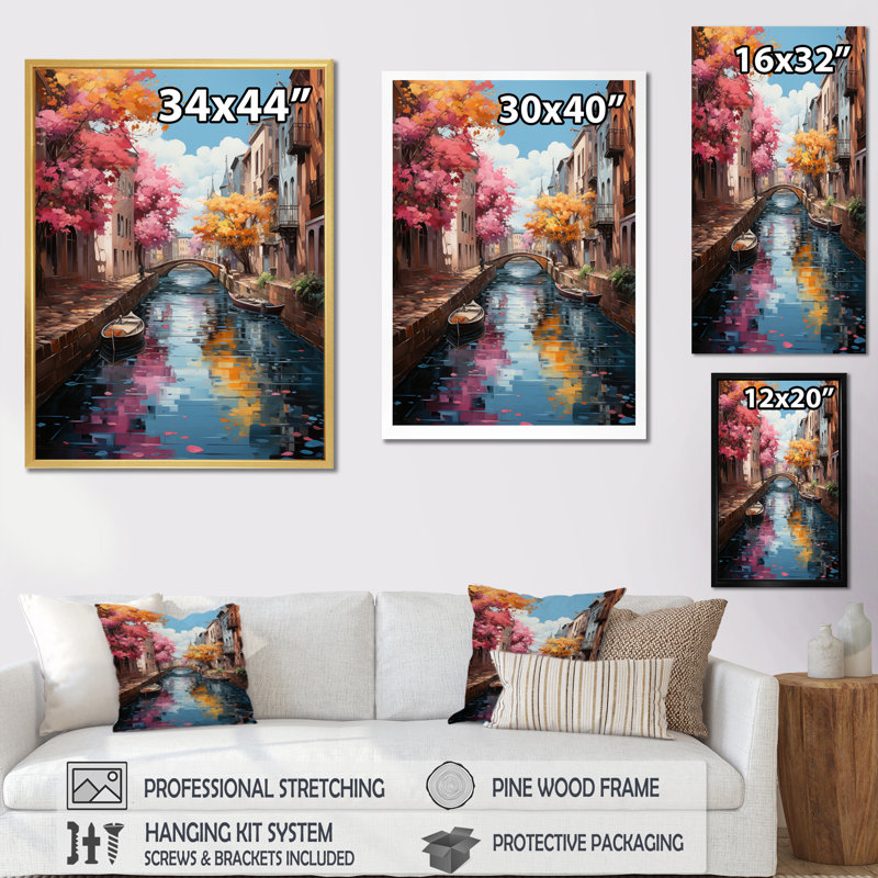 «Beige Canal Vibrant Waterway Bold II», art mural sur toile Cityscapes, H 20 po x l 12 po x P 1 po, Cadre photo noir