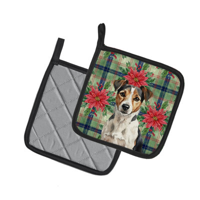 Paire de supports à casseroles tricolores Russell Terrier Christmas Poinsettas