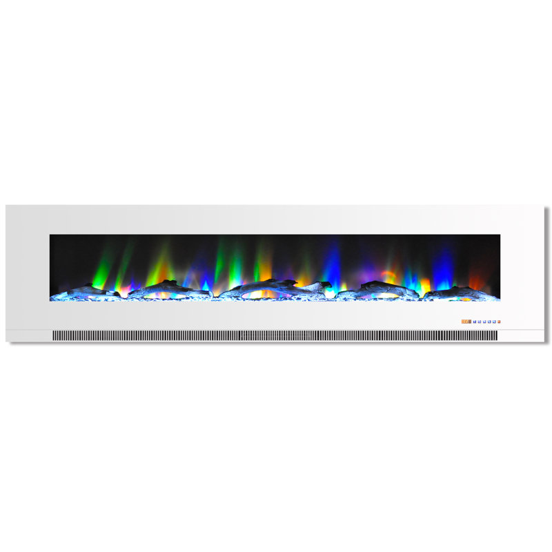 78-Inch White Wall-Mounted Electric Fireplace with Multi-Color Flames and Driftwood Logs