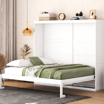 Grand lit mural blanc, meubles peu encombrants pour les bureaux à domicile, facile à utiliser avec des poignées pliables dans l'armoire, un sommeil confortable sur des lattes flexibles absorbantes, des chambres d'amis et des gymnases