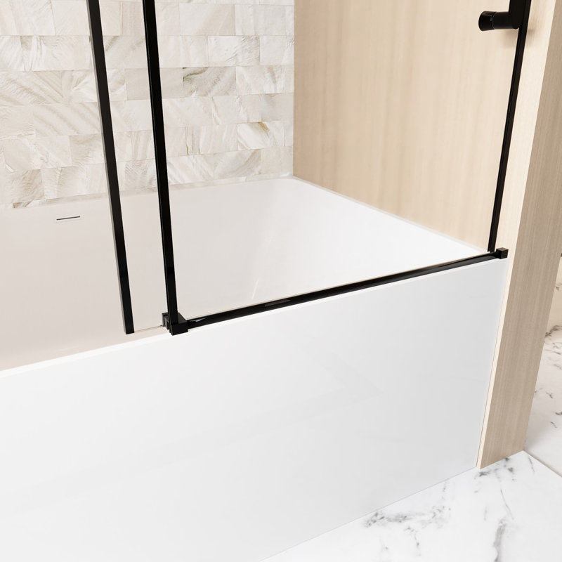 Single Sliding Shower Door 56 - 60 "W X 60" H, 1/4 "(6 Mm) Clear Tempered Glass With Proof Film, Stainless Steel Handle, Square Tube Track In Matte Black, American Style Bathroom, Large Wheels For
