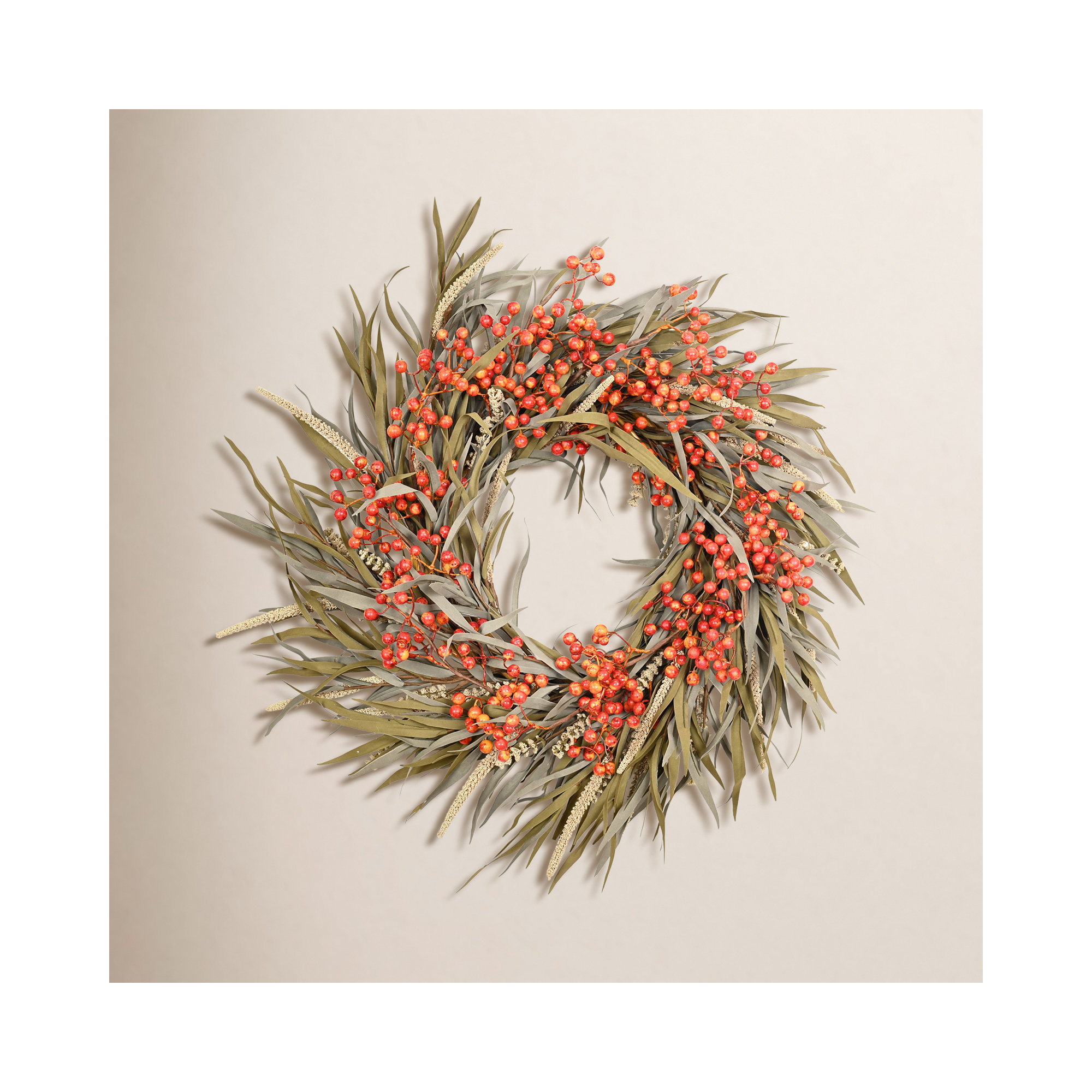 24" Artificial Farmhouse Fall Harvest Blossoms Cluster Grass Berry Thanksgiving Day Front Door Wreath, Orange