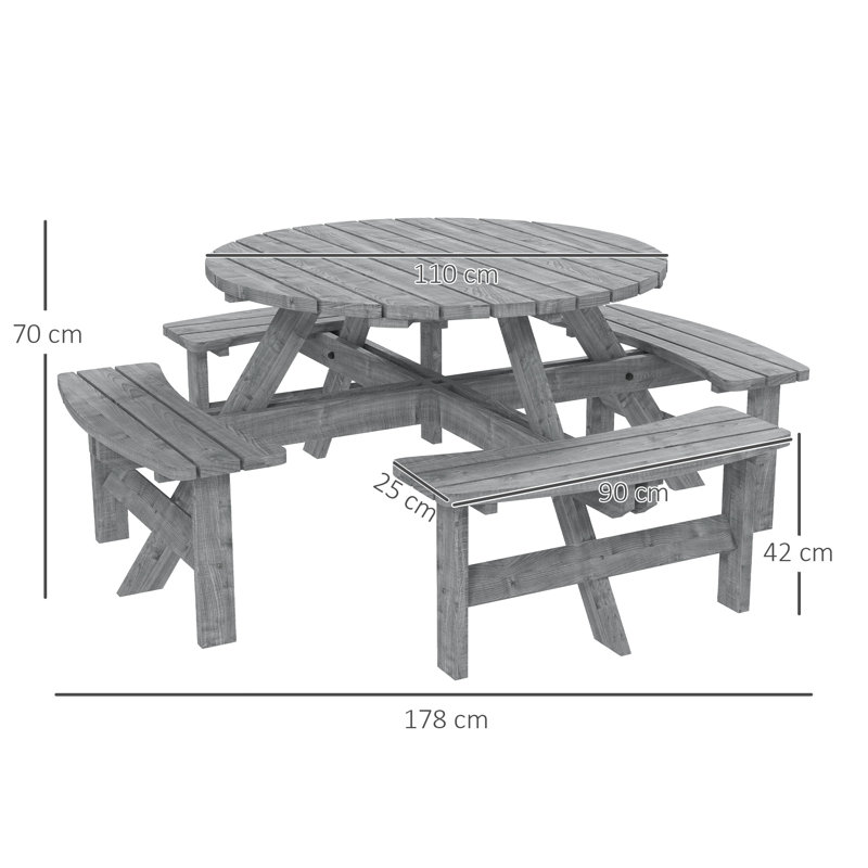 Outsunny 8 Seat Outdoor Wooden Picnic Table with Bench, Parasol Hole, Grey
