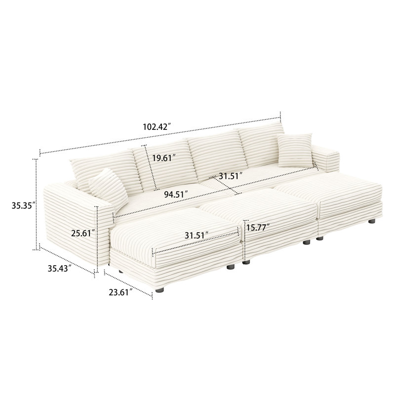 Canapé modulaire moderne en velours côtelé 4 places avec 3 repose-pieds, H 35,35 po x l 102,42 po x P 66,94 po, Beige