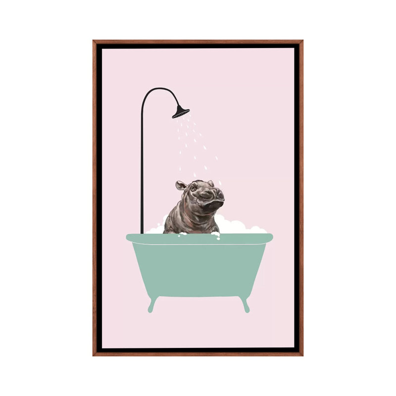 Hippopotame dans une baignoire, art encadré, H 48 po x l 32 po x P 1,5 po, Toile avec cadre en bois classique