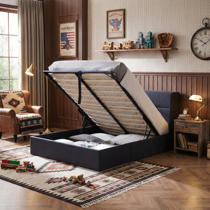 Lit plateforme tapissier avec rangement Gaillarde, Double, Gris foncé
