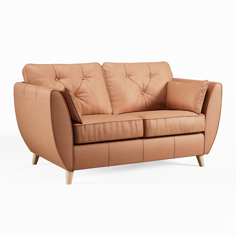 Marylin 2 Seater Leather Tufted Sofa, Saddle, Light Wood