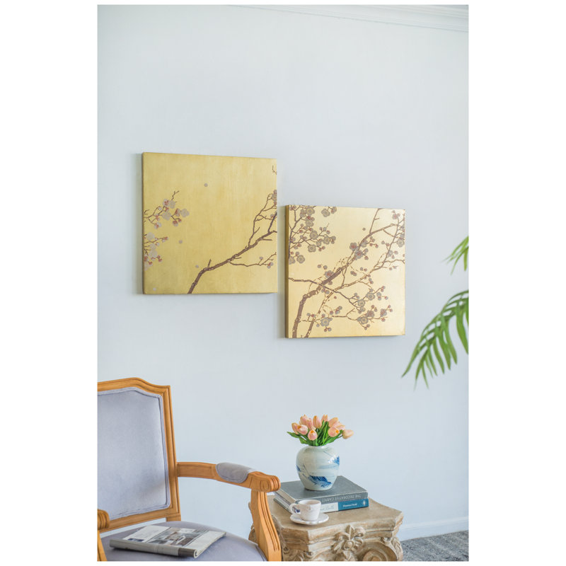 Ensemble de 2 panneaux d'art mural cerisier en fleurs dorés, décor carré en bois aggloméré de 23,8 po pour le salon