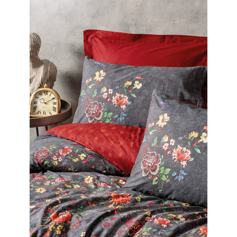 Ensemble de housse de courtepointe 100% coton Ranforce, rouge bordeaux et gris foncé | Housse de couette 78,7 po x 78,7 po, 2 taies d'oreiller 31,5 po x 31,5 po | Impression réactive, lavable à la machine, fermeture à boutons et enveloppes | Literie douce et durable