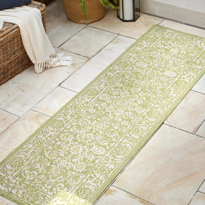 Demians Bohemian Textured Weave Floral Green/Cream Indoor/Outdoor Rug