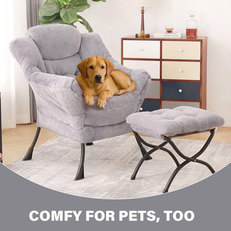 Abramson Lazy Chair, Modern Lounge Accent Chair with Armrests and a Side Pocket, Light Gray Plush, No