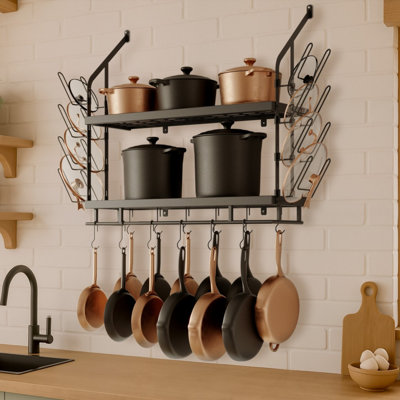 Wall Mounted Kitchen 2-Tier 30-Inch Pan Pot Rack With 8 Secure Lid Holders and 12 Sturdy Hooks
