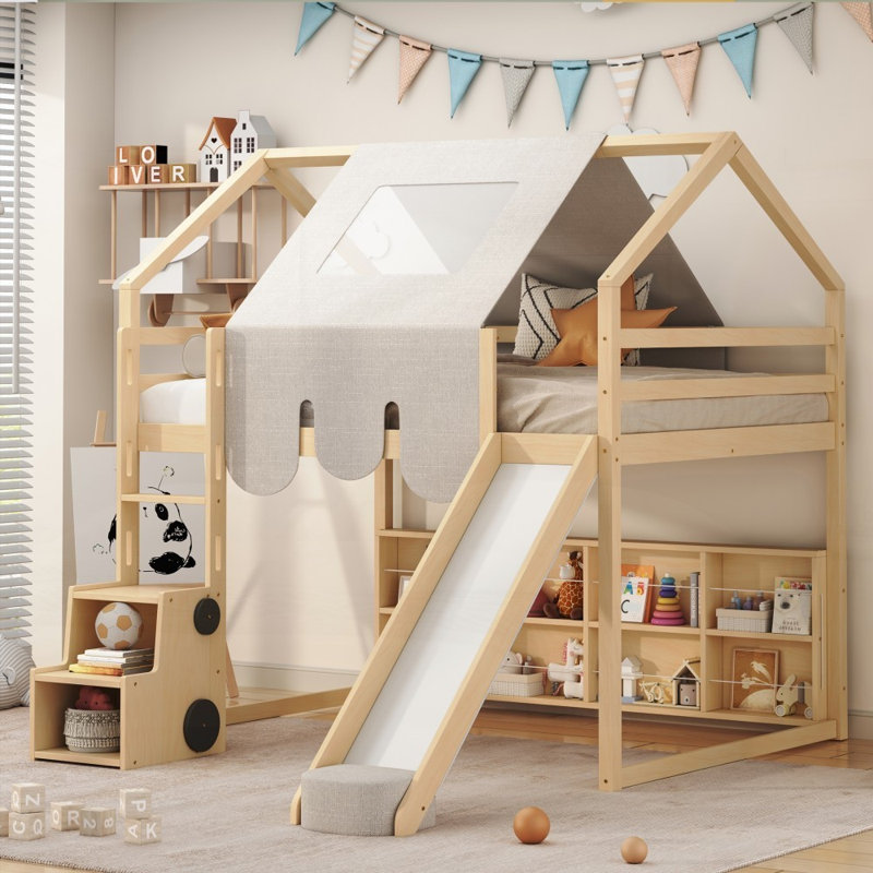Structure de lit mezzanine en bois pleine grandeur avec tente - L 78,1 po x l 99,9 po x H 73 po, aucun sommier requis, support solide