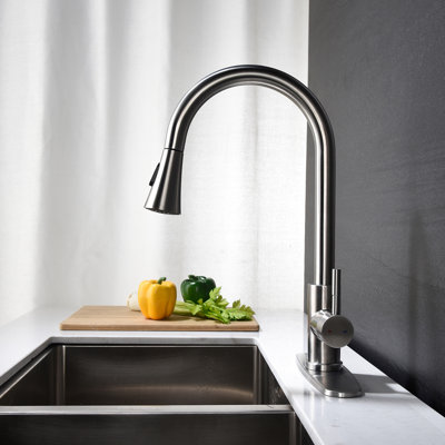 Pull Out Kitchen Faucet - 360 Rotating High Arc Nozzle, Single Lever For Easy Water Operation, Brushed Nickel Finish On Stainless Steel, Rust Surface, Smooth And Calm Bubbly Aerated With Minimal