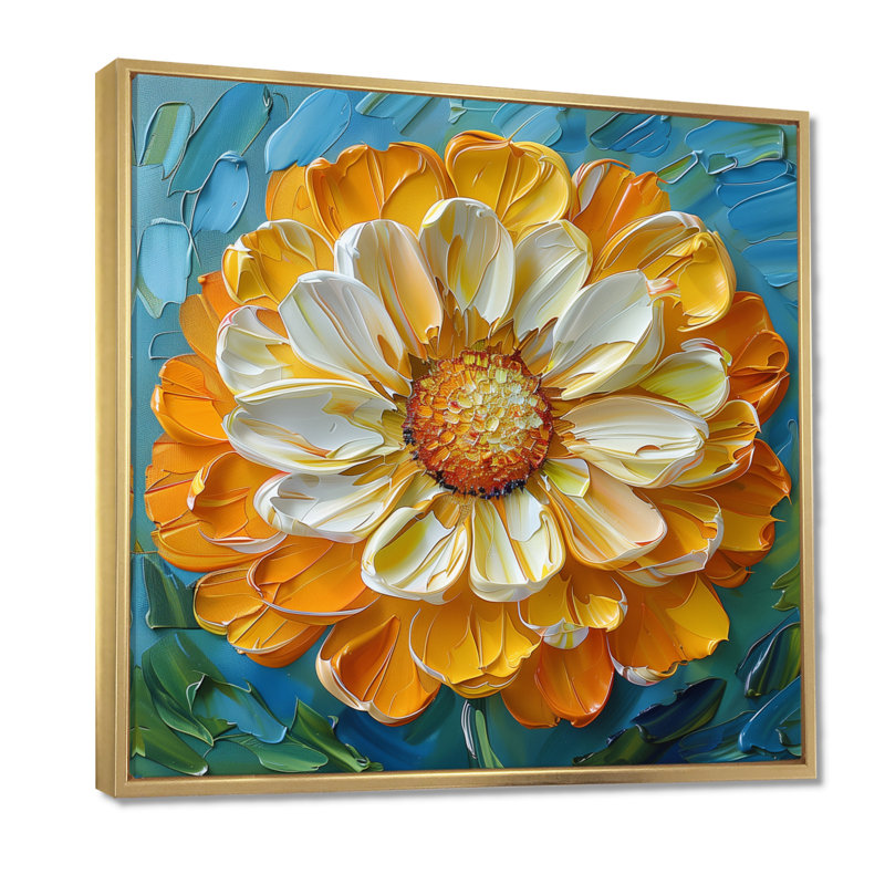 Peinture jaune jaune souci en fleurs I - décoration murale souci, Cadre flottant doré, H 16 po x l 16 po x P 1 po