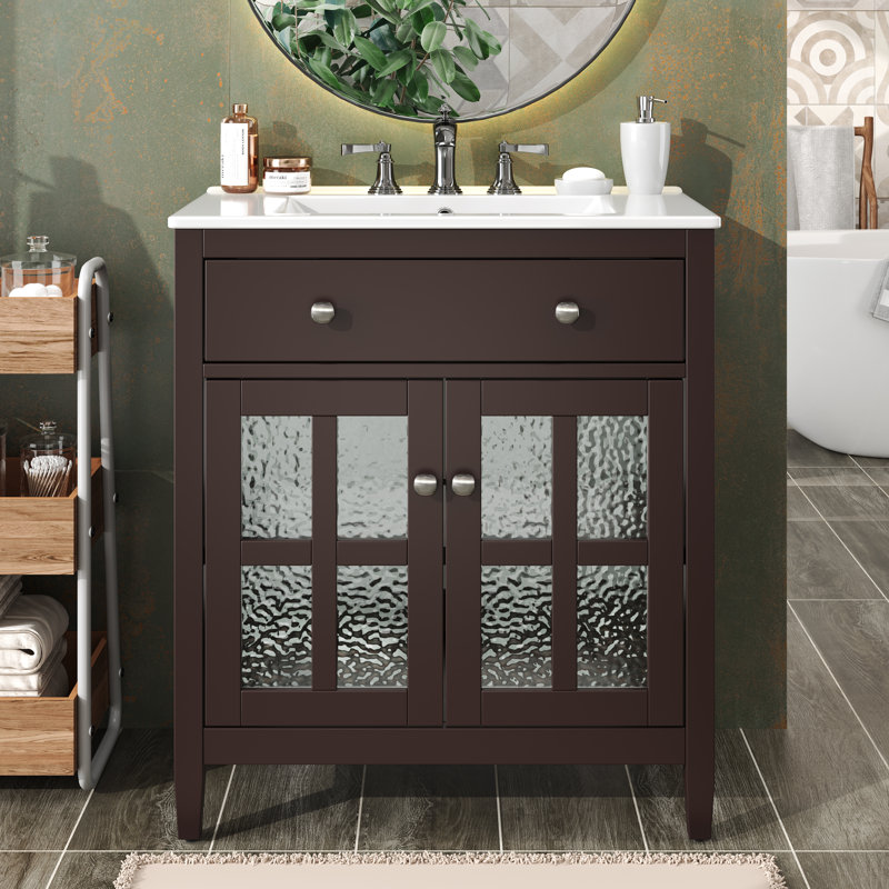 Alden 30" Bathroom Vanity With Ceramic Sink, Shelf & Tip-Out Tray, Dark Brown