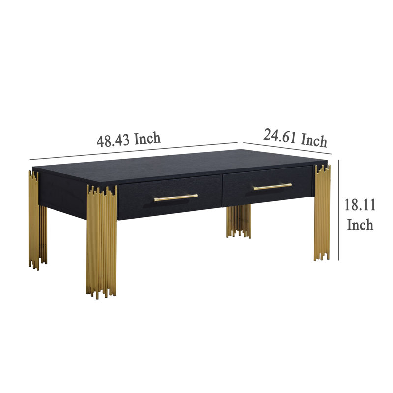 Table basse Theo, 2 tiroirs, métal doré, bois noir rétro 48 pouces