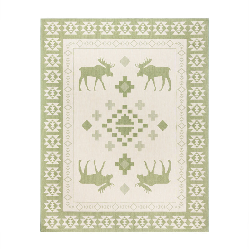 Arnaud Yoder Palm Green Cream Rustic Moose Indoor/Outdoor Flatweave Area Rug, Rectangle 6'6" x 9'6"