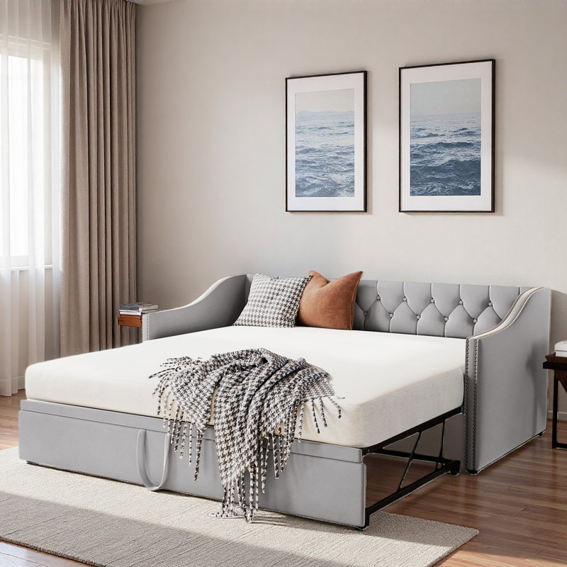 Upholstered Daybed With Pop Up Trundle, Gray