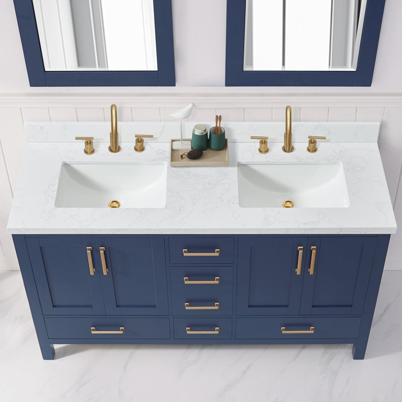 Jaen 61'' Grain White Stone Double Bathroom Vanity Top with Sink