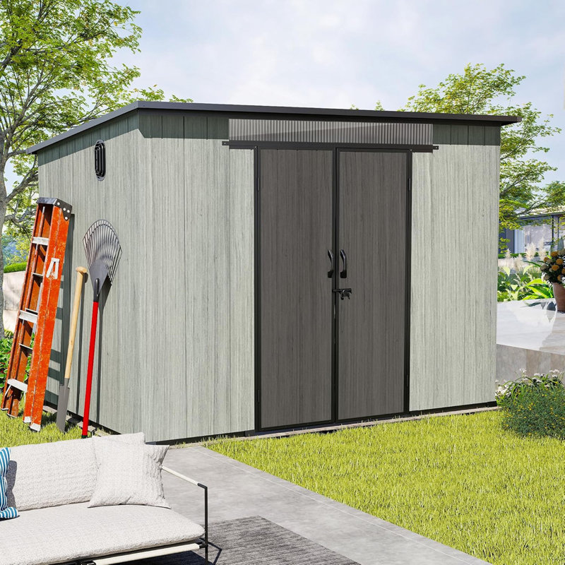 Remise de rangement extérieure en résine 6 x 9 pi avec fenêtres transparentes et évents à persiennes, remise à outils en plastique avec portes verrouillables doubles et toit incliné, remise de jardin extérieure pour la cour, le patio, la pelouse, gris