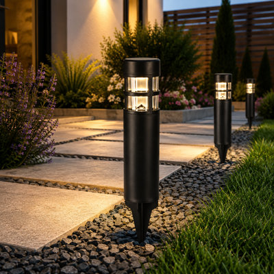 6-Pack Black Solar-Powered LED Bollard Path Lights for Outdoor Patio, Pathway, Backyard, Lawn and Landscape Lighting