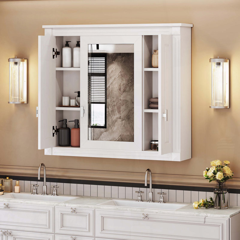 35 Inch Wall Mounted Medicine Cabinet with 4 Shelves - White, White