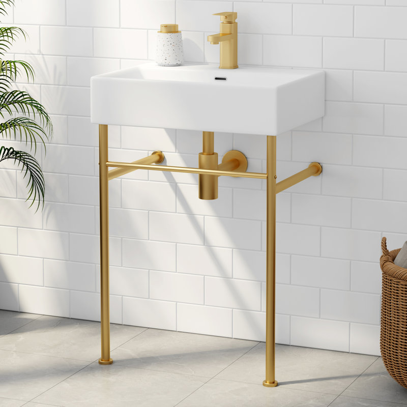 Turner 24" W x 16" D x 35" H Vitreous China Rectangular Console Bathroom Sink with Overflow, White/Brushed Gold
