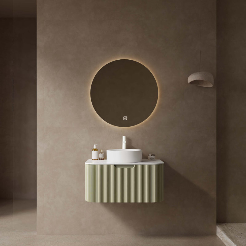 Meuble-lavabo de salle de bain 30 po avec lavabo, meuble-lavabo mural moderne à bords arrondis et courbes avec tiroir, lavabo en marbre artificiel blanc sans robinet, pré-assemblé, vert clair