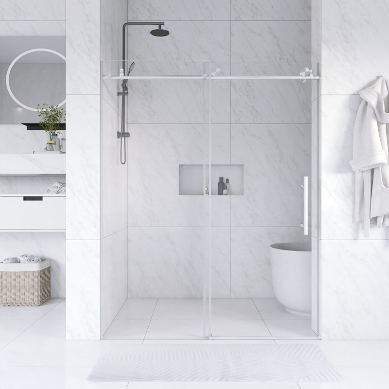 56 In. -60 In. W × 76  In. H Frameless Shower Door With 1/4"Clear  Tempered Glass In Brushed Nickel |  Explosion Proof Film |   Stainless Steel Handle