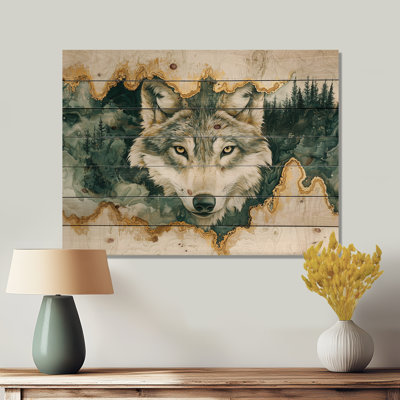Loup en hiver, forêt, rivière à encre II - loup, art mural en bois sur bois de pin naturel