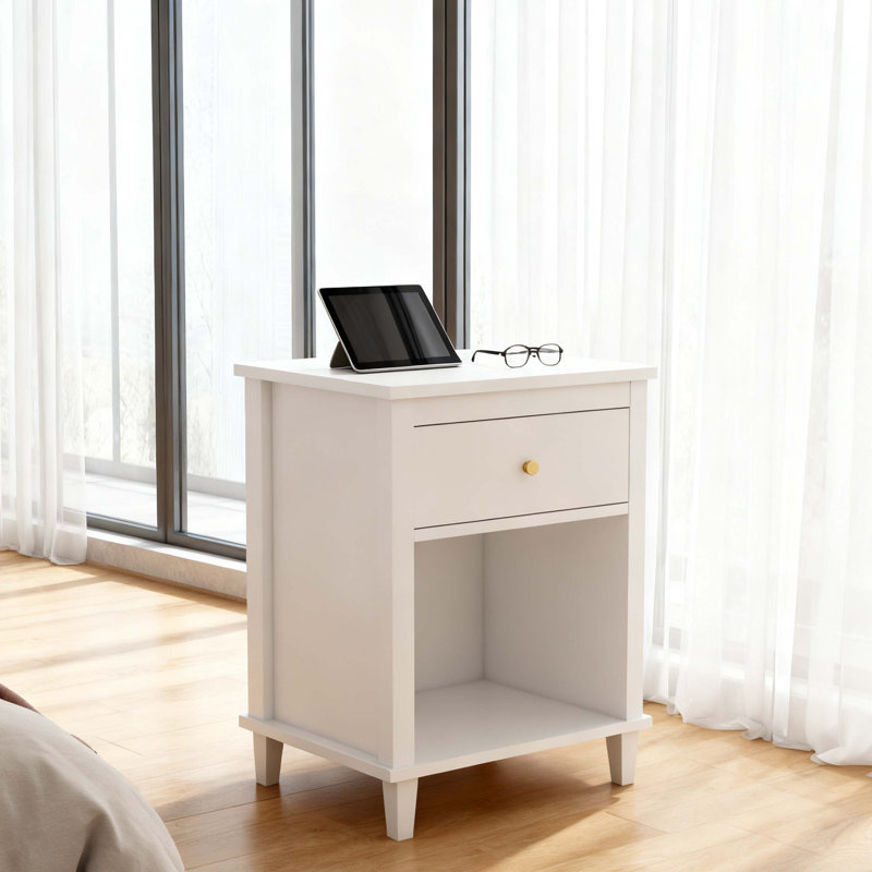 Charming White Wooden Nightstand with Drawer and Shelf, Perfect for Kids and Adults, Golden Handle Accent