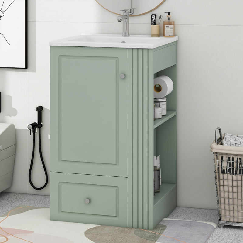 Meuble-lavabo de 20 po avec lavabo en céramique, tiroir et tablettes latérales ouvertes avec barre à serviettes en bois de pin