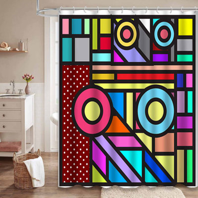 Waterproof Trendy Retro Abstract Summer Memphis Geometric Shower Curtain with 12 Hooks