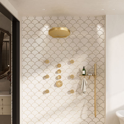 Rainfall Thermostatic Shower System with Body Jets, 2-Sprays Shower Head and a Shelf