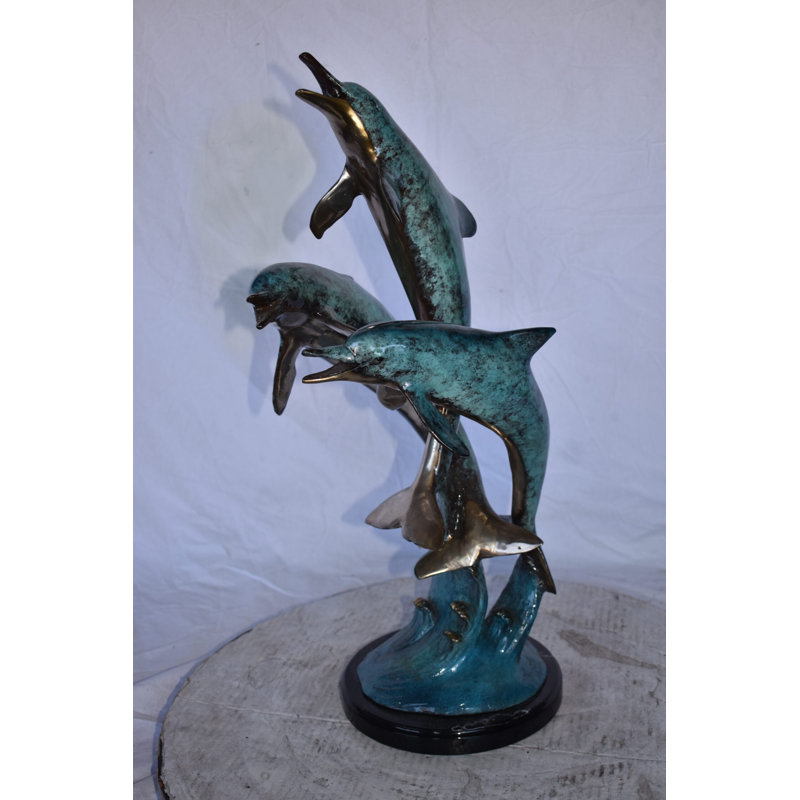 Statue de trois dauphins sautant sur l'océan en bronze 12 po x 12 po x H 25 po.