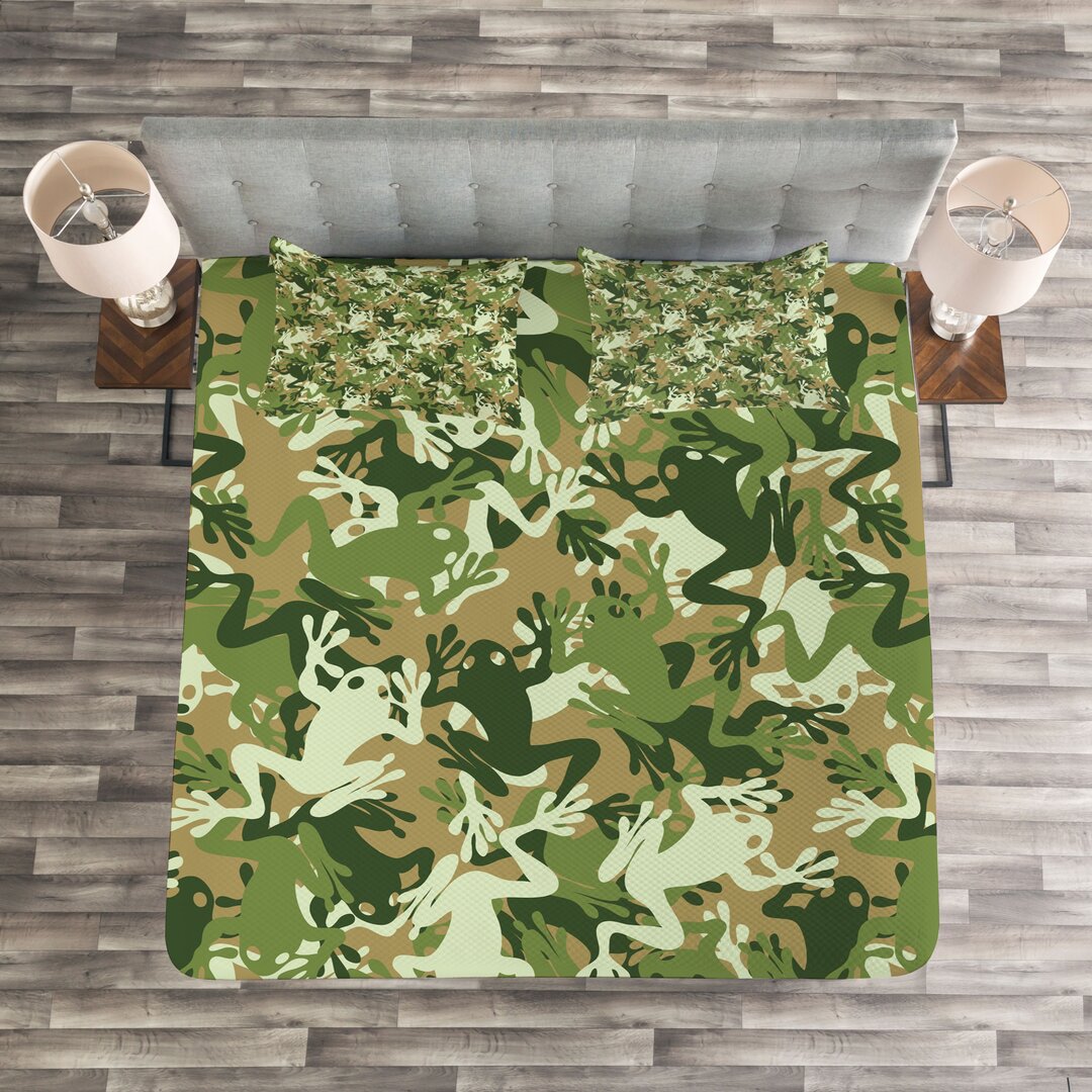 Gestepptes Bettdecken-Set, Schädel-Camouflage-Design, Frosch, Sage Pine Grün