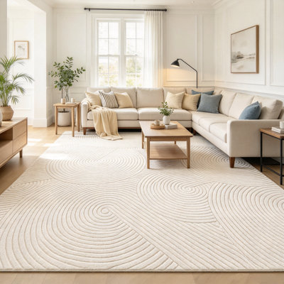 Tapis d'intérieur moderne à rayures neutres de 2,74 m x 3,66 m (9 pi x 12 pi) aux formes géométriques modernes