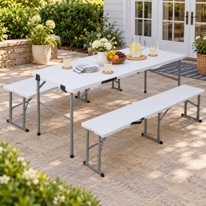 Ensemble de table de pique-nique pliante 3 pièces de 178 cm avec 2 bancs et plateau imitation bois