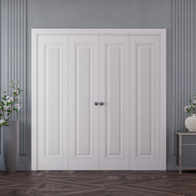 Portes coulissantes doubles pliantes pour placard 96 x 96 pouces, modèle Imperial 1888, émail blanc, rails robustes, moulures, garnitures, quincaillerie, bois massif, portes de placard de chambre.