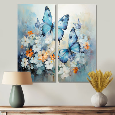 Blue White Butterfly Symphony - Blue Wall Art Set Of 2